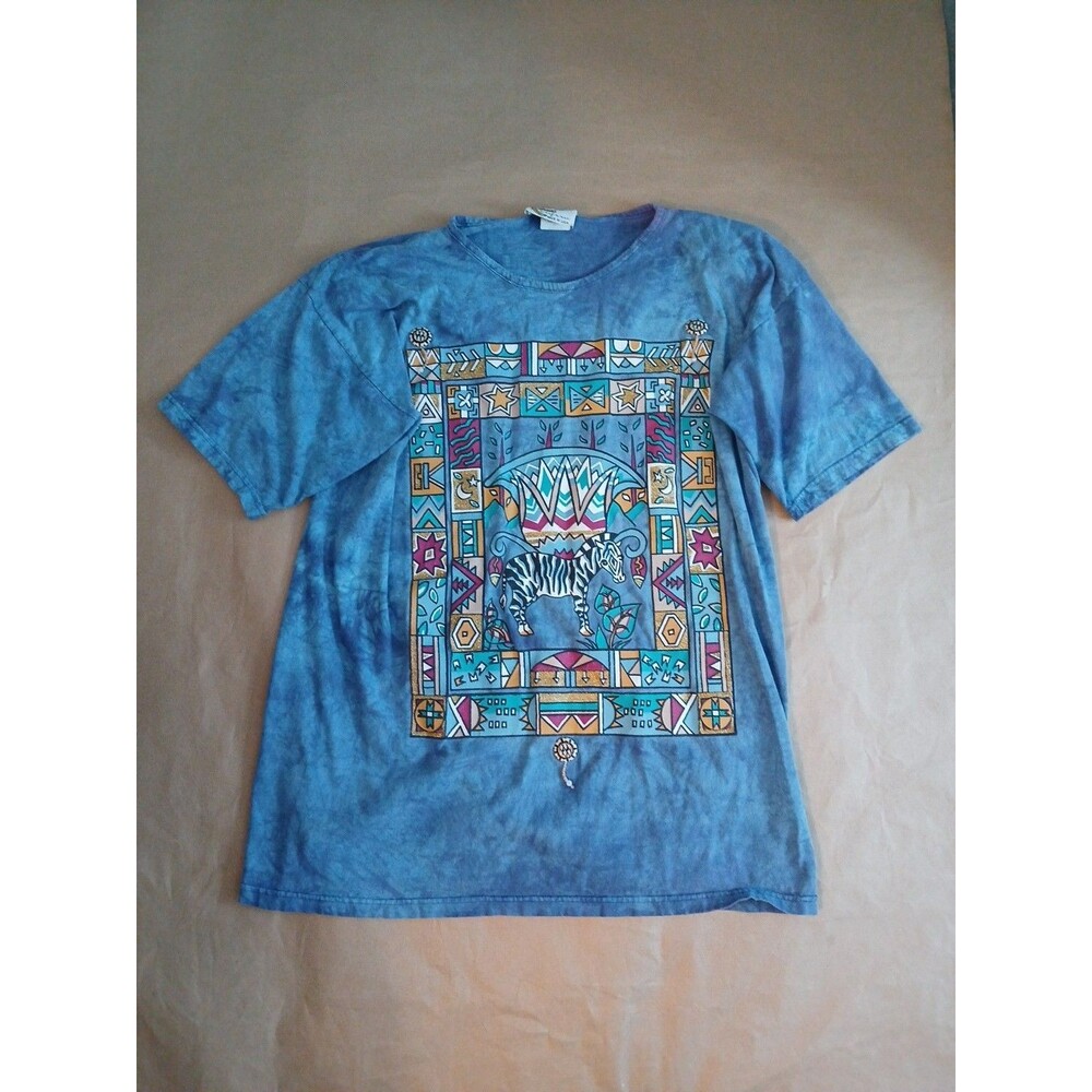 Vintage Copa Cabana Top One Size Blue Tie Dye Animals T Shirt Shoulder Pads